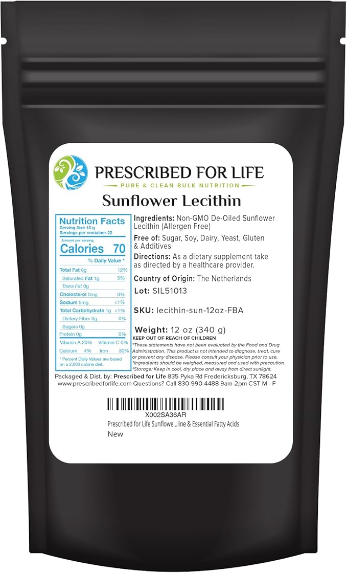 Prescribed For Life Sunflower Lecithin Powder Unbleached Gluten Free Vegan Non GMO Soy Free Kosher Naturally Rich in Choline &amp Essential Fatty Acids (12oz / 340g)