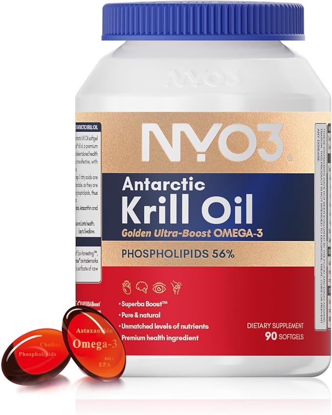 NYO3 1500mg Krill Oil Omega 3 Supplement Senior's Top Choice High Content EPA DHA &amp High Absorption Pure Antarctic Krill Oil with Astaxanthin and 56% Phospholipids Laboratory Tested90 Softgels
