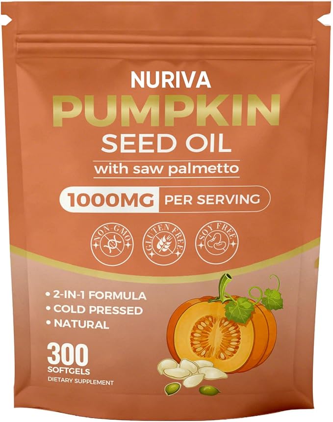 Nuriva Pumpkin Seed Oil with Saw Palmetto Capsules – 2-in-1 Formula Cold-Pressed Virgin Oil 300 Softgels | Essential Fatty Acids | Supports Hair Growth Bladder &amp Prostate Health | Non-GMO(1 PAC