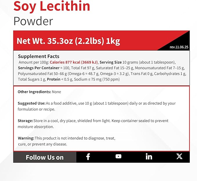 Soy Lecithin Powder Food Safe Deoiled - 1 kg (2.2 lb) - Emulsifier &amp Stabilizing Ingredient