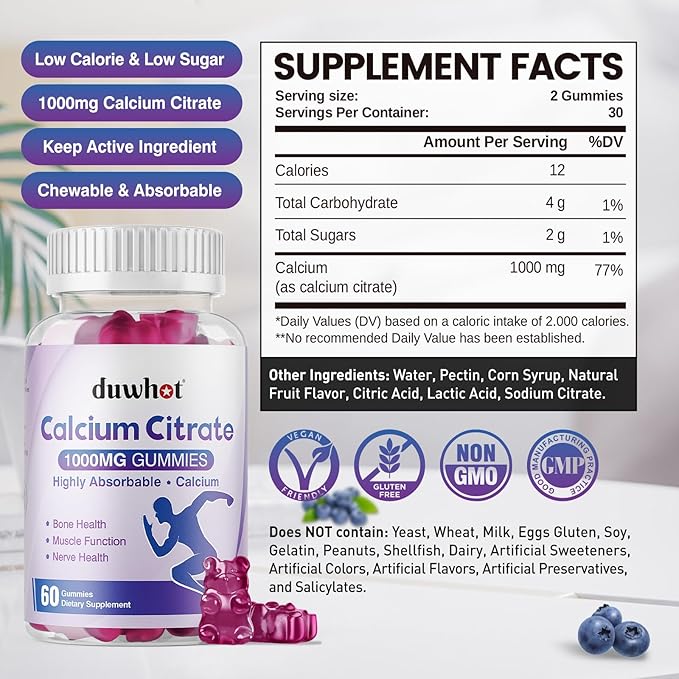 duwhot Calcium Citrate Gummies Chewable Calcium Citrate 1000mg For Bone Muscle &amp Immune Support High Absorption Calcium Supplements for Women &amp Men Kids Blueberry Flavor Vegan Organic
