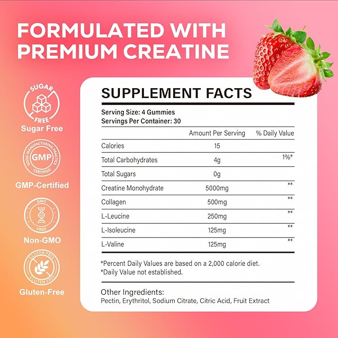 Creatine Monohydrate Gummies 5g Creatine Gummies for Women &amp Men.Pre-Workout &amp Muscle Growth Support Contains BCAA Collagen Sugar-Free 120 Count