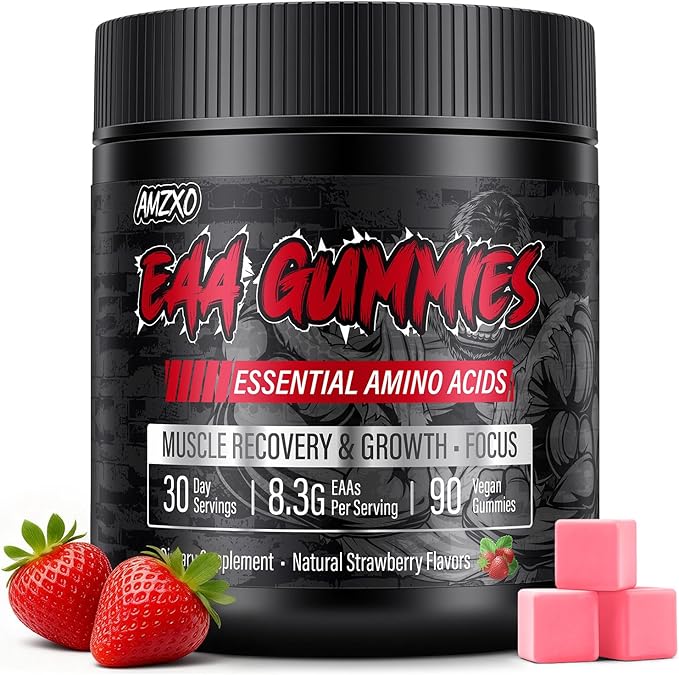 EAA Gummies - 2:1:1 BCAA Formula (8300mg) - Essential Amino Acids for Muscle Recovery &amp Endurance - Non-GMO Gluten Free Sugar Free Vegetarian Strawberry Flavor - 90 Count