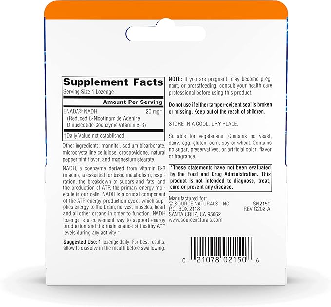 Source Naturals NADH 20mg Boost Energy and Mental Alertness* - 30 Lozenges