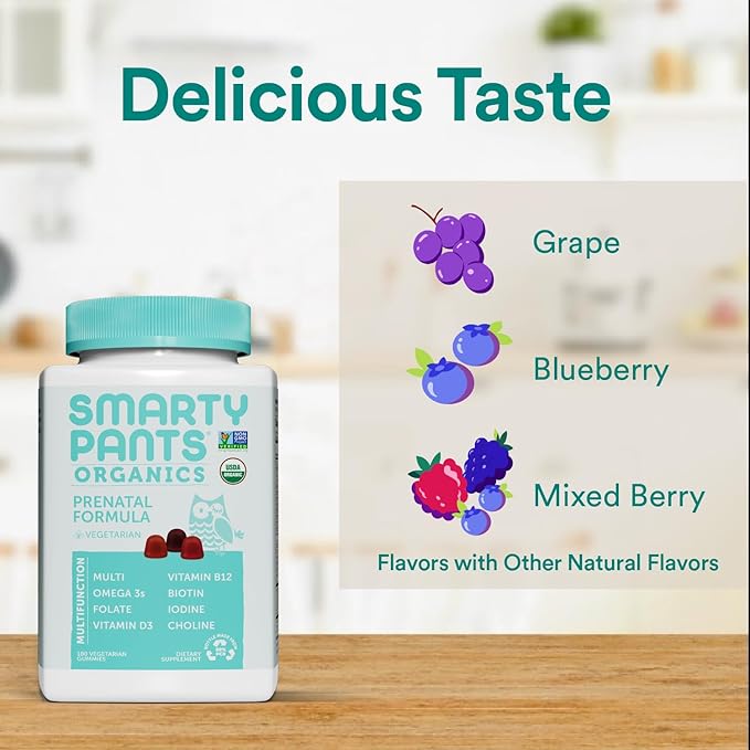 SmartyPants Organic Prenatal Vitamins for Women Multivitamin Gummies: Biotin Methylfolate Omega 3 (ALA) Vitamin D3 C Vitamin B12 B6 A K2 &amp Zinc Choline Vegetarian 180 Count (45 Day Sup