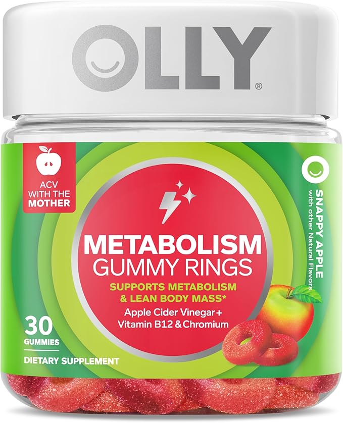 OLLY Metabolism Gummy Rings Apple Cider Vinegar Vitamin B12 Chromium &amp Probiotic + Prebiotic Gummy Digestive Support and Gut Health 500 Million CFUs Fiber