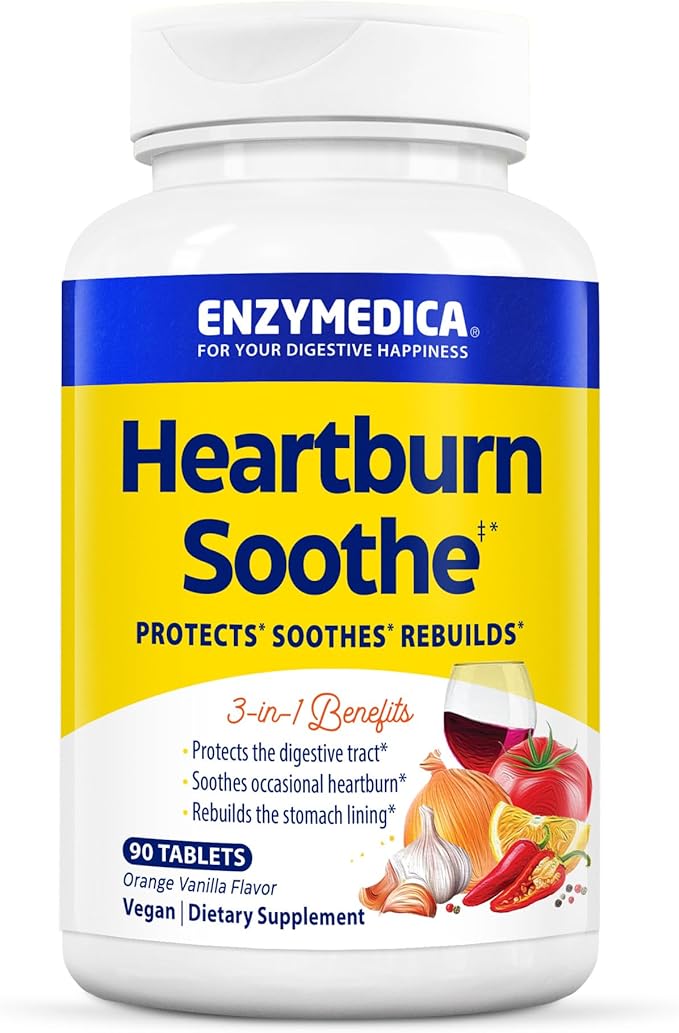 Enzymedica Heartburn Soothe Chewable Supplement - Natural Reflux &amp Stomach Lining Support Balances pH Levels with Alginate Fast-Acting Acid Support for Digestive Health Vanilla Orange - 90 Tabl