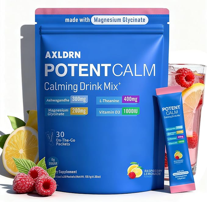 PotentCalm Super Cortisol Drink Magnesium Glycinate Powder L-theanine Ashwagandha Vitamin D No Sugar Raspberry Lemonade Electrolytes Powder - 30 Servings