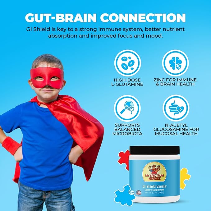 My Spectrum Heroes GI Shield Supplement – Supports Gut Barrier Health &amp Integrity Brain-Gut Connection with High-Dose L-Glutamine DGL Licorice Root Aloe Vera Extract &amp Zinc Vanilla 30 Ser