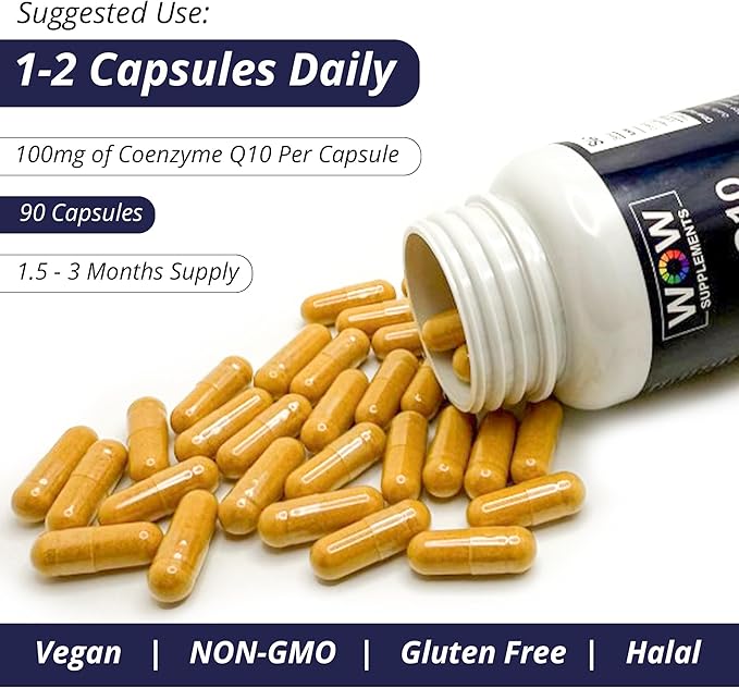 WOW Supplements CoQ10 100 mg with Hawthorn Berry - High Absorption CoQ10 100mg for Energy Production Heart and Cellular Health - Non-GMO Gluten-Free Coenzyme Q10 100mg Supplement - 90 Capsules