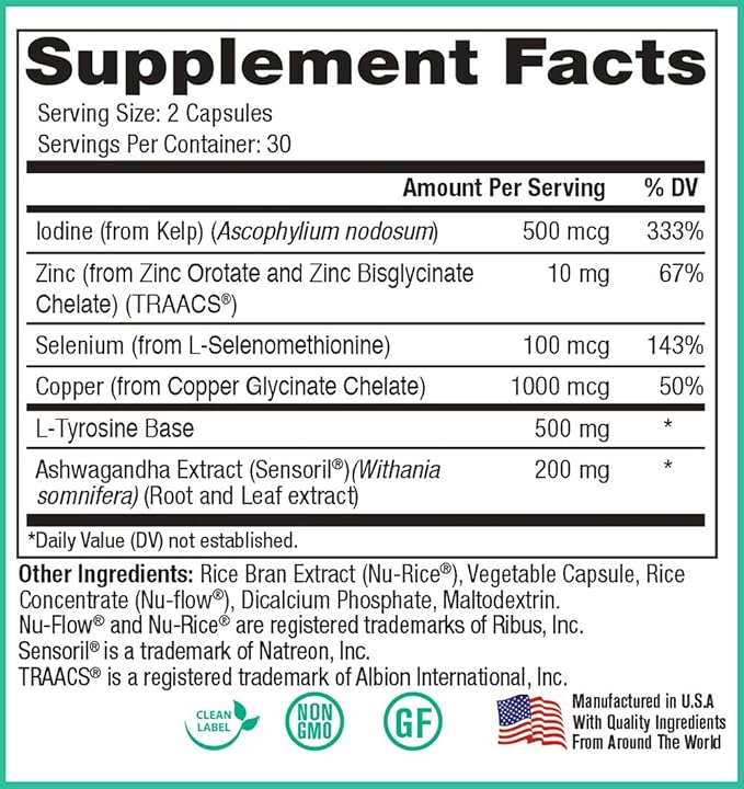 Thyroid Support by Peak Pure &amp Natural | Thyroid Supplement and Metabolism Booster to Support Weight Maintenance | Iodine Supplement Designed for Underactive Thyroid | 60 Capsules