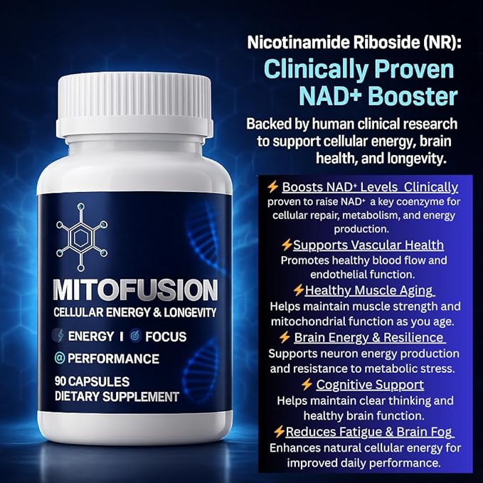 MitoFusion Complete Anti Aging NAD+ and Mitochondria Support Formula with 500mg Nicotinomide Riboside 250mg Urolithin A 25mg PQQ 50mg Apigenin. Energy | Focus | Longevity | Performance | Recovery