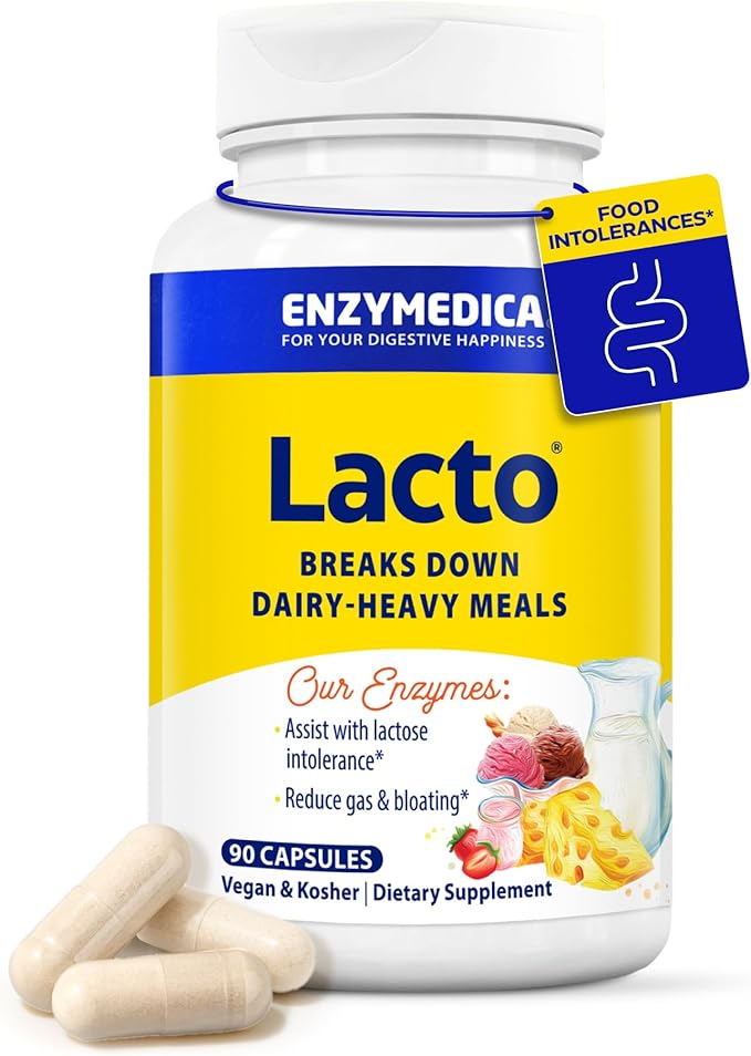 Enzymedica Lacto Digestive Enzymes for Men &amp Women - Lactose Intolerance Support Supplement with Lactase Enzyme Breaks Down Dairy Heavy Meals Helps Reduce Gas &amp Bloating Gluten Free - 90 Ca