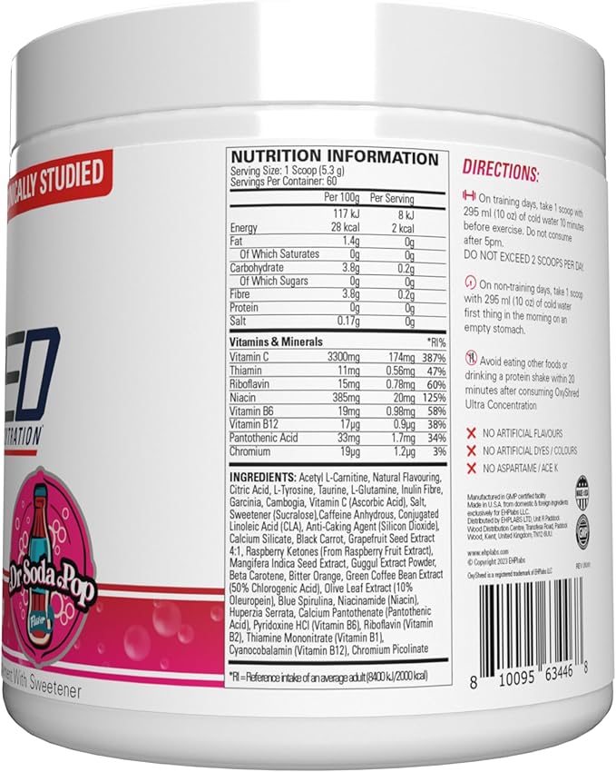 EHP Labs OxyShred Thermogenic Fat Burner - Pre-Workout Powder with L-Glutamine Acetyl L-Carnitine Metabolism Booster Weight Loss Appetite Control Energy Drink Dr. Soda Pop 60 Servings