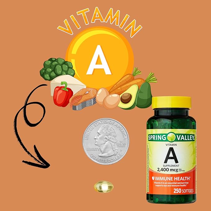 1 Pack Vitamin A 2400 mcg Softgels 250 Count (1 Bottle) + Vitamin Guide &amp Sticker Included