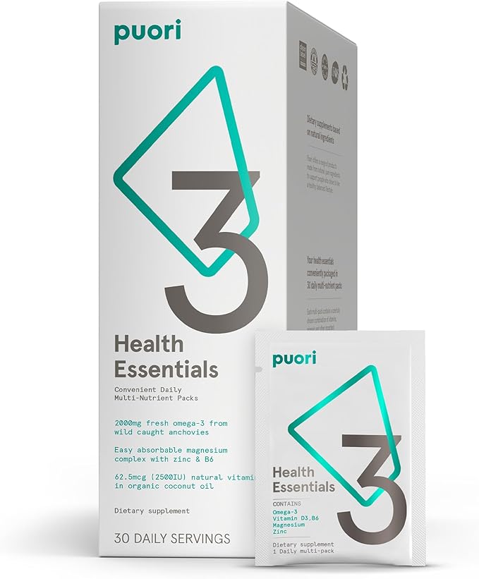 Puori P3 Health Essentials with Magnesium Zinc Complex Omega 3 Fish Oil &amp Vitamin D3 Supplements - Men &amp Womens Daily Multi-Vitamins for Immune System Support &amp Overall Health - 30 Servin