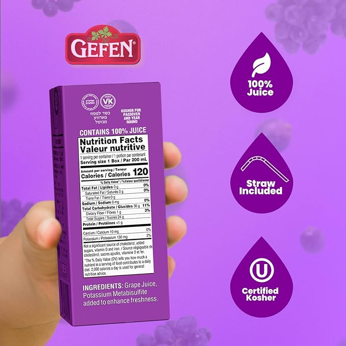 Gefen Grape juice Box Drink 6.75oz (27 Pack) 100% Grape Juice Tasty &amp Refreshing Kosher for Passover Drinking Straw included