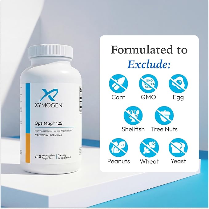 XYMOGEN OptiMag 125 - Magnesium Glycinate &amp Malate - Muscle &amp Nervous System Support - Gentle Daily Magnesium - 240 Capsules