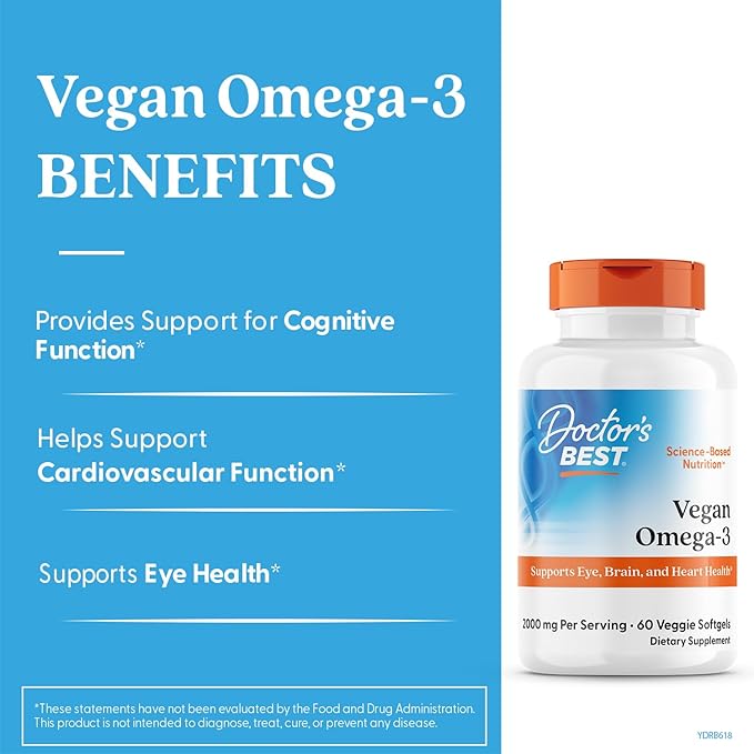 Doctor's Best Vegan Omega-3 EPA + DHA Supports Eye Brain and Heart Health Non-GMO Gluten Free Vegan 60 Veggie Softgels