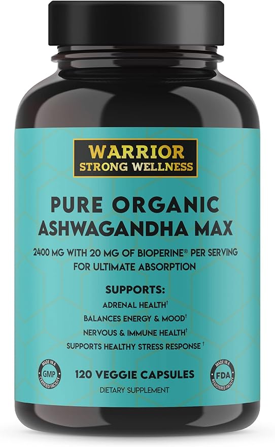 Pure Organic Ashwagandha Capsules with Bioperine - 2400 mg - 120 Capsules - Healthy Stress Response and Mood Boost Immune Health Better Sleep