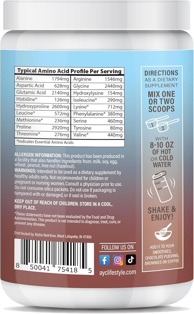 Chocolate Peptides Powder Grass Fed Hydrolyzed Type 1&amp3 Collagen Promotes Hair Skin and Nails (30 Servings) (Chocolate)
