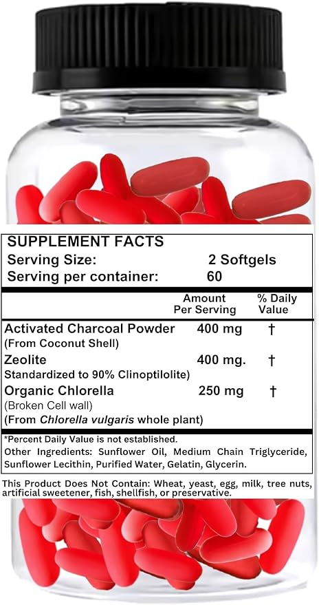 Nikoni Liposomal Zeolite Activated Charcoal &amp Organic Chlorella Supports Full Body Detox (480 Softgels)