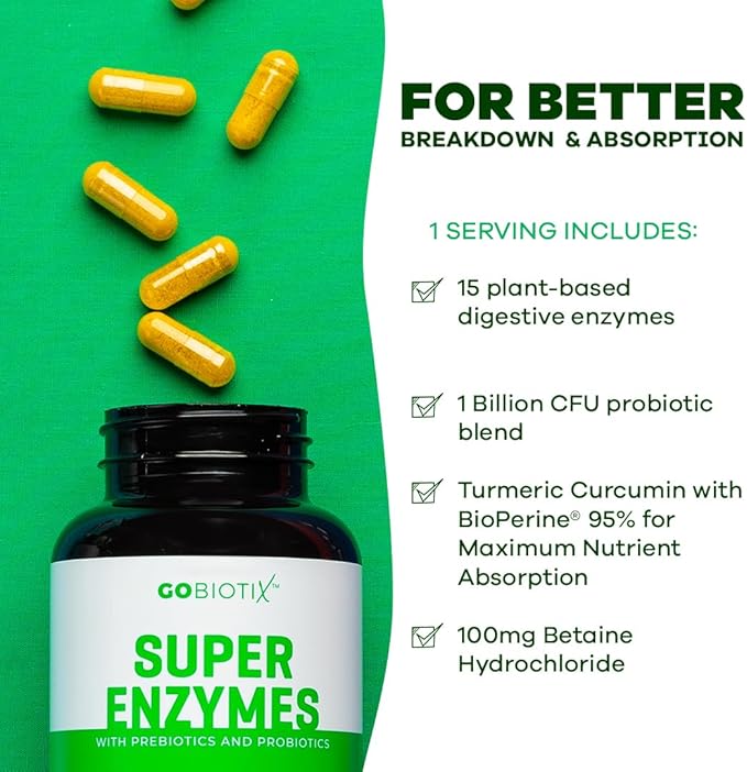 GOBIOTIX Super Enzymes Supplement - Digestive Enzymes with Prebiotics and Probiotics for Women and Men - Supports Gut Health Gluten Digestion Lactose Absorption Plant Based Dietary Pills