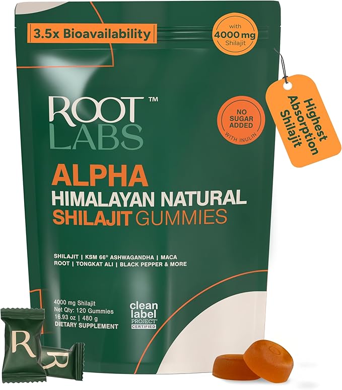 ROOT LABS 10-in-1 Alpha Shilajit Gummies | 4000 mg Pure Himalayan Shilajit with Tongkat Ali &amp Maca Root | for Men &amp Women | ShilAbsorb Bioavailability Tech | Sugar-Free Vegan | 120 Gummies