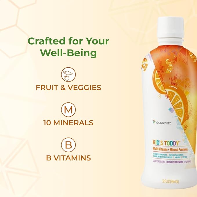 Youngevity Kid's Toddy™ - Mega Multivitamin for Kids &amp Children Age 2+ - 14 Vitamins 10 Minerals Phytonutrient Blend - Highly Absorbable - Great Tasting Orange 32 Fl Oz (Pack of 2)
