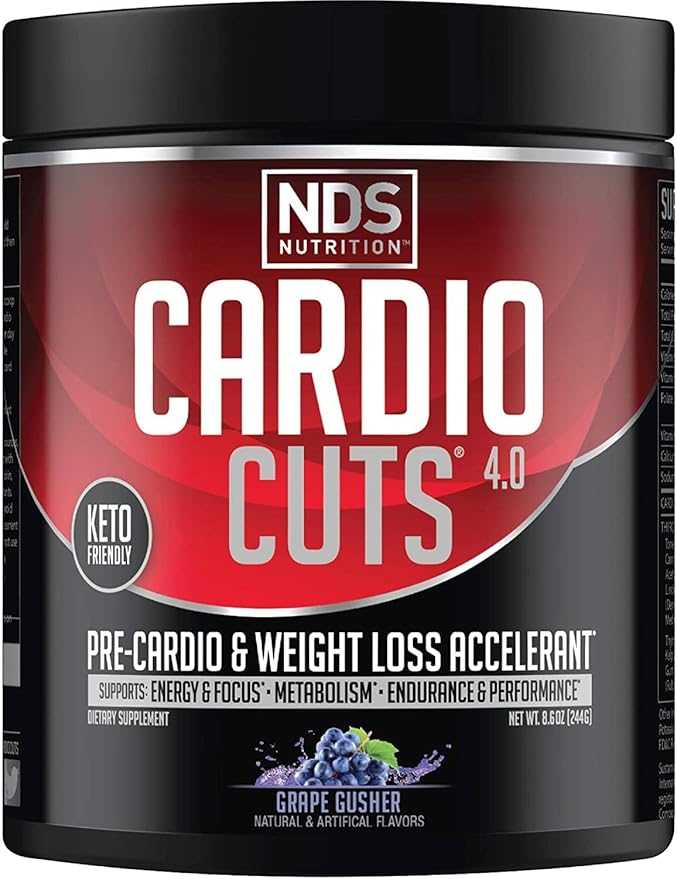 Cardio Cuts NDS Nutrition 4.0 Pre Workout Supplement - Advanced Weight Loss and Pre Cardio Formula with L-Carnitine CLA MCTs L-Glutamine and Safflower Oil - Grape (40 Servings)