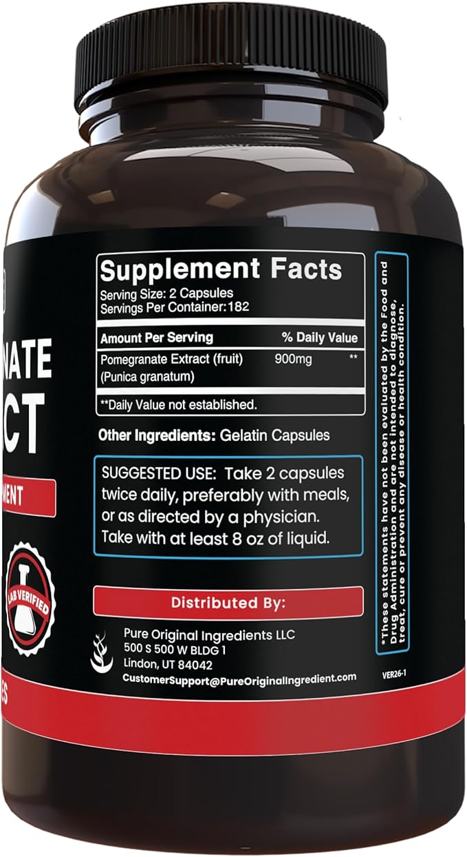PURE ORIGINAL INGREDIENTS Pomegranate Extract (365 Capsules) No Magnesium Or Rice Fillers Always Pure Lab Verified