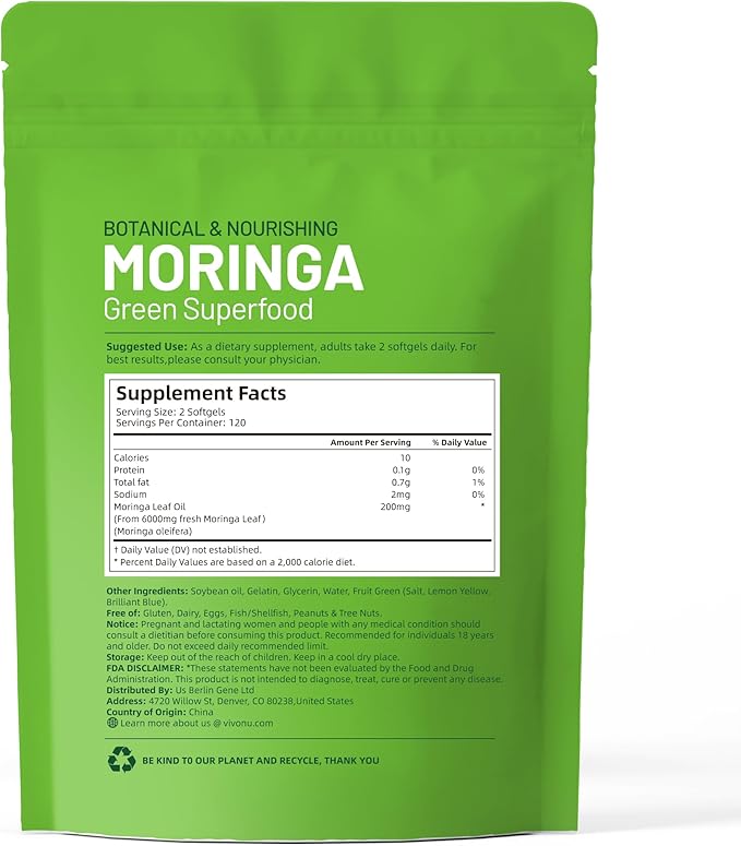 VivoNu Pure Moringa Capsules Moringa Leaf Extracts 120 Day Supply 30:1 Ultra-Concentrated Liposomal Tech 98% Absorption Complete Green Superfood for Energy Skin Immune &amp Gut Health 4 Bag