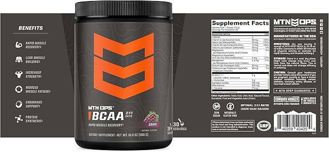 MTN OPS BCAA Powder 2:1:1 Amino Acids Supplement Powder for Rapid Muscle Recovery &amp Repair with Zero Sugar &amp Gluten Free - 30 Servings Grape