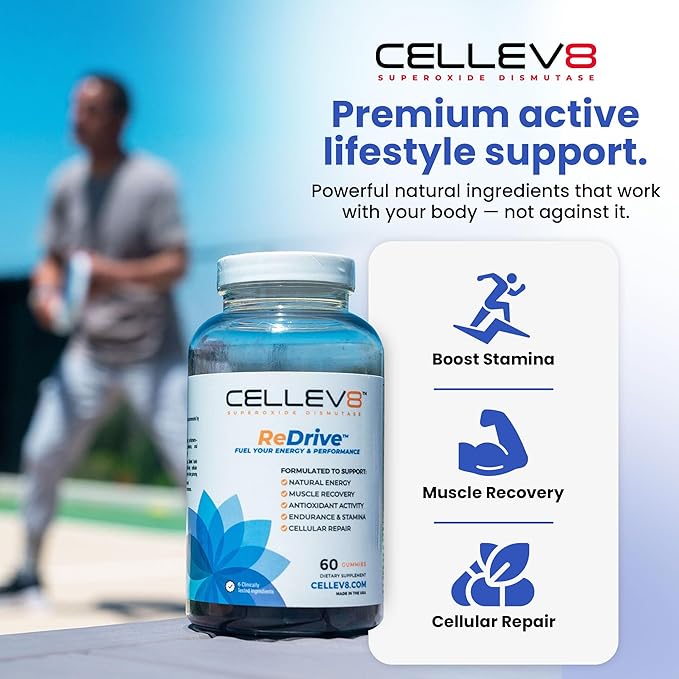 Cellev8 ReDrive Performance Gummies - 60 Count - Antioxidant Cellular Muscle Recovery Endurance Stamina Daily Energy Supplements for Men &amp Women with SOD Vitamin D3 - Raspberry Flavor