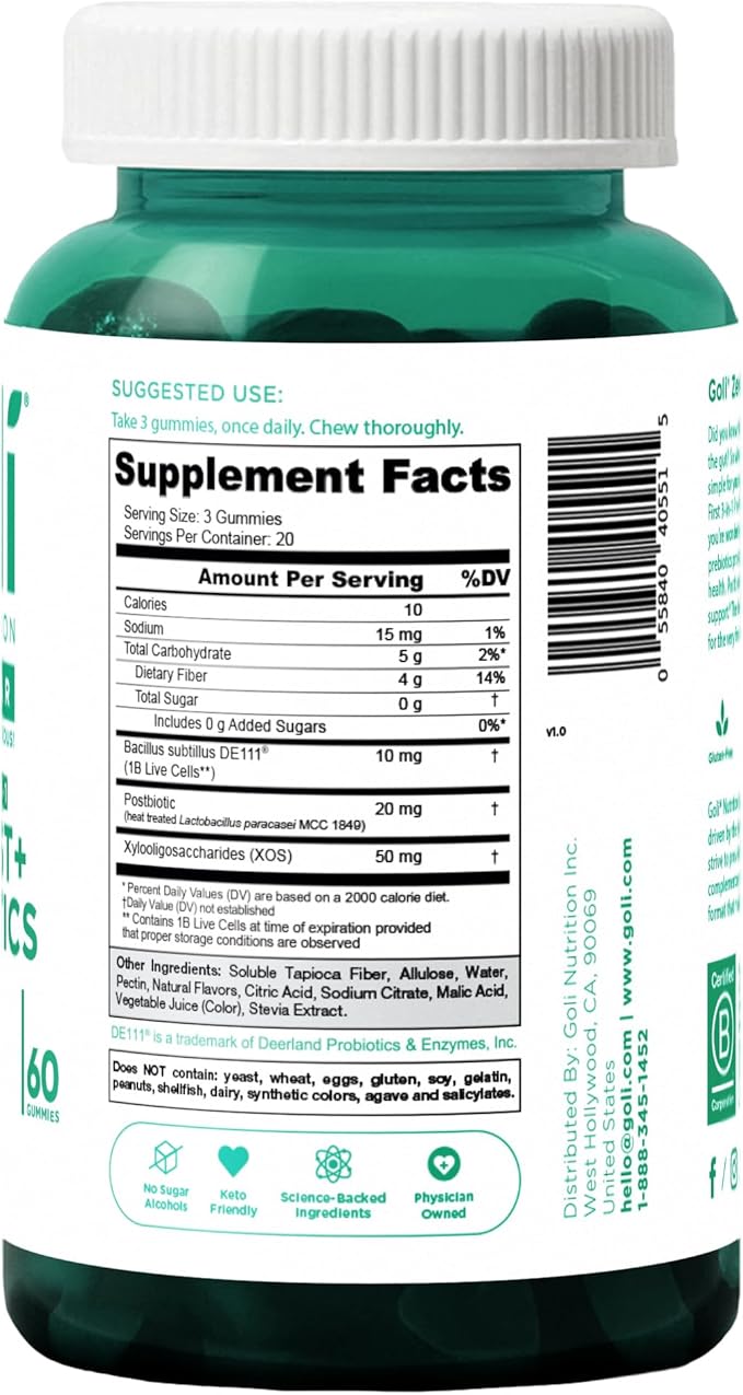 Goli Zero Sugar Pre Pro Postbiotic Gummies - (5 Pack 300 Total) Worlds First 3-in-1 with DE111 XOS MCC1849 - No Sugar Alcohols - Vegan Keto-Friendly Non-GMO