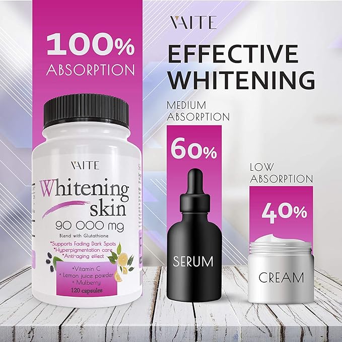 VAITE Glutathione Whitening Pills - Dark Spots &amp Acne Scar Remover - 90000mg - Vegan Skin Bleaching Pills with Anti-Aging &amp Antioxidant Effect - 120 Capsules (3 Pack)