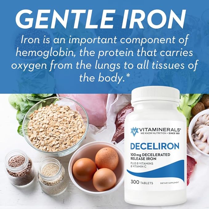 Vitaminerals Deceliron | 100mg Iron | B Vitamins | Vitamin C | Gentle Red Blood Cell Supplement | Non-GMO | Vegan Gluten &amp Dairy Free | 300 Tablets
