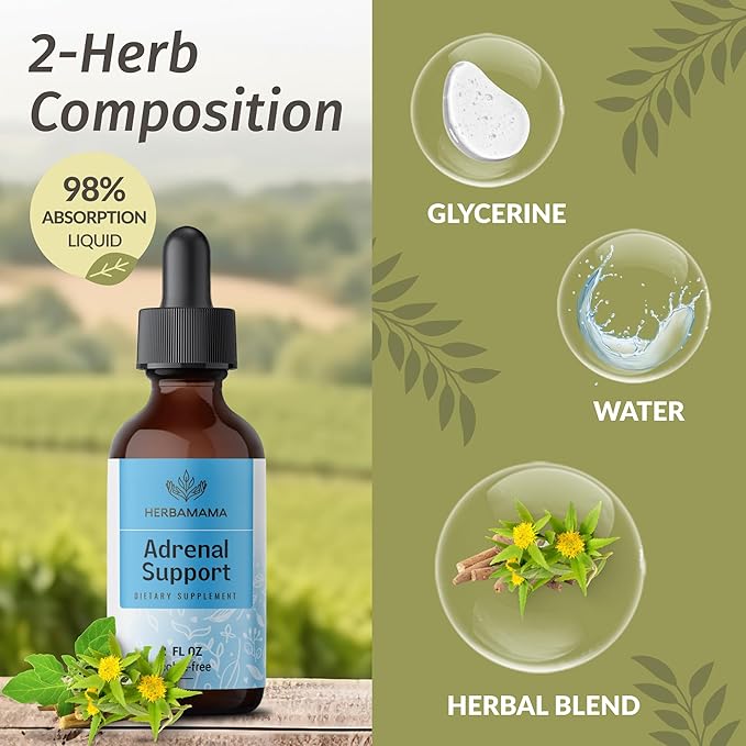 HERBAMAMA Adrenal Support and Liver Support Complex Kit - Bundle of Liquid Adrenal Support Complex 2 fl oz &amp Herbal Liver Support Gummies - Vegan Non-GMO Gelatin &amp Alcohol-Free - 2 Pack