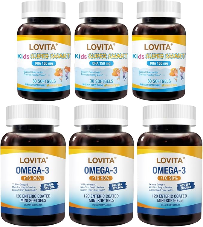 LOVITA 6-Pack Family Wellness Bundle - 3 Adult Fish Oil (120ct) &amp 3 Kid’s DHA (30ct) rTG Omega-3 &amp Lemon Flavor Brain Support