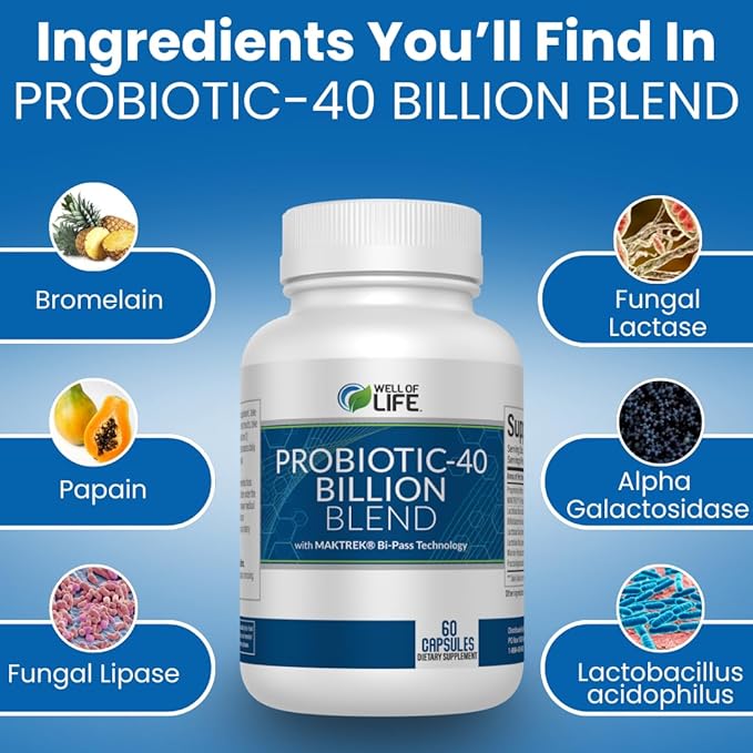 Well of Life Probiotic-40 Billion: Helps Gut Health &amp Digestive Support. 4 Strain Blend 40 Billion CFU. Enhances Nutrient Absorption Metabolism. 60 Capsules. Non-GMO Made in USA.