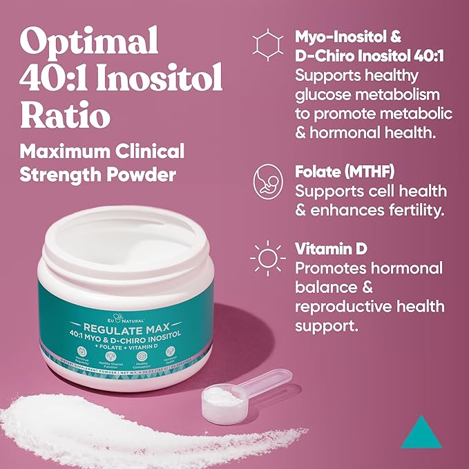 Eu Natural Regulate MAX Myo-Inositol &amp D-Chiro Inositol Supplement Powder for Women with Vitamin D &amp Folate Nutritional Support Hormone Balance &amp Fertility Support Unflavored 60 Servings