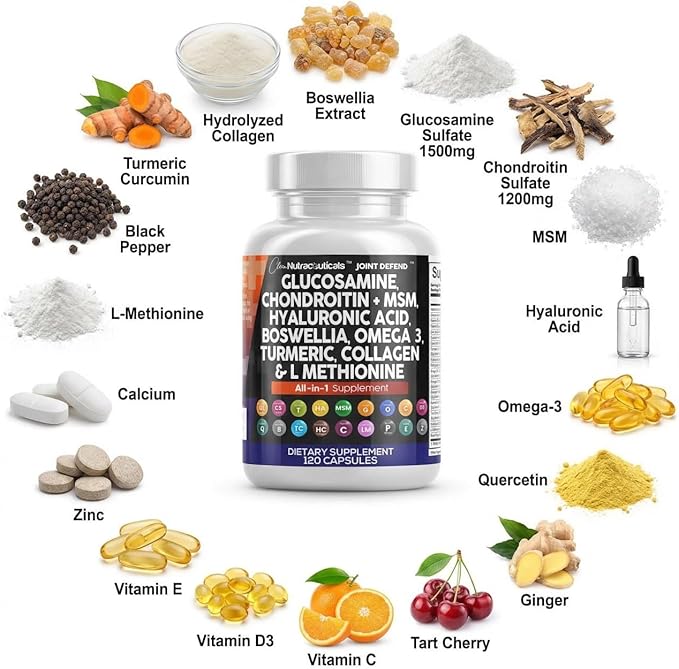 Clean Nutraceuticals Glucosamine 1500mg Chondroitin 1200mg MSM with Turmeric Curcumin Collagen Hyaluronic Acid Omega 3 – Joint Health Supplement for Men &amp Women – Joint Complex – 120 Count