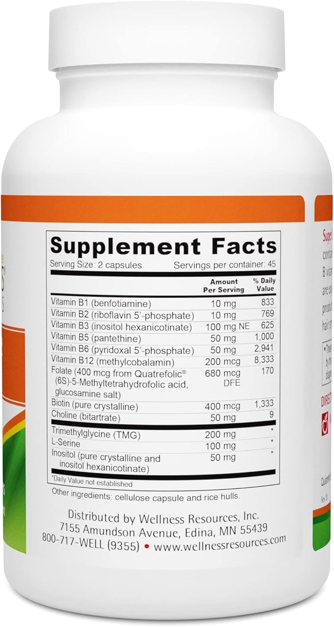 Wellness Resources Super Coenzyme B Complex - 90 Capsules - Vitamin B12 Vitamin B Complex for Hair Growth Adrenal Support &amp Stress Relief - Methylated B12 Folate Biotin Riboflavin Thiamine