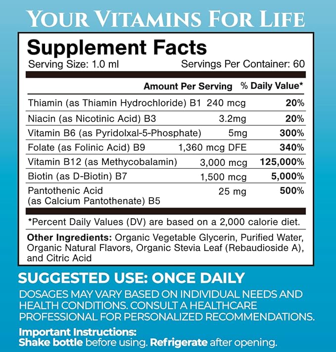 Superdose Organic Vitamin B Complex Liquid Drops | 125000% DV Vitamin B12 B6 Biotin Niacin Folate | Energy Brain Health Immune Support | USDA Organic Vegan Non-GMO | 60 Serv 2 Mo. Supply