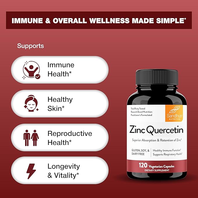 Sandhu's Zinc Quercetin 120 Vegetarian Capsules (Pack of 2) | High Absorption Zink Supplements for Immunity and Seasonal Allergy | Antioxidant Immune Support for Men and Women | Easy to Swallow