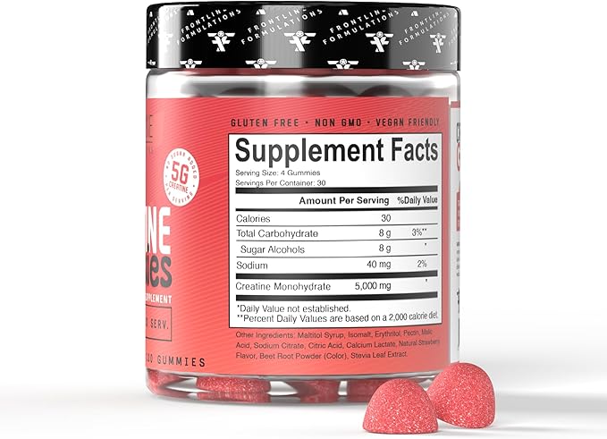Creatine Monohydrate Gummies 5g Creatine per Serving Sugar-Free Creatine Supplement for Strength Lean Muscle &amp Cognitive Support Sour Strawberry 120 Gummies