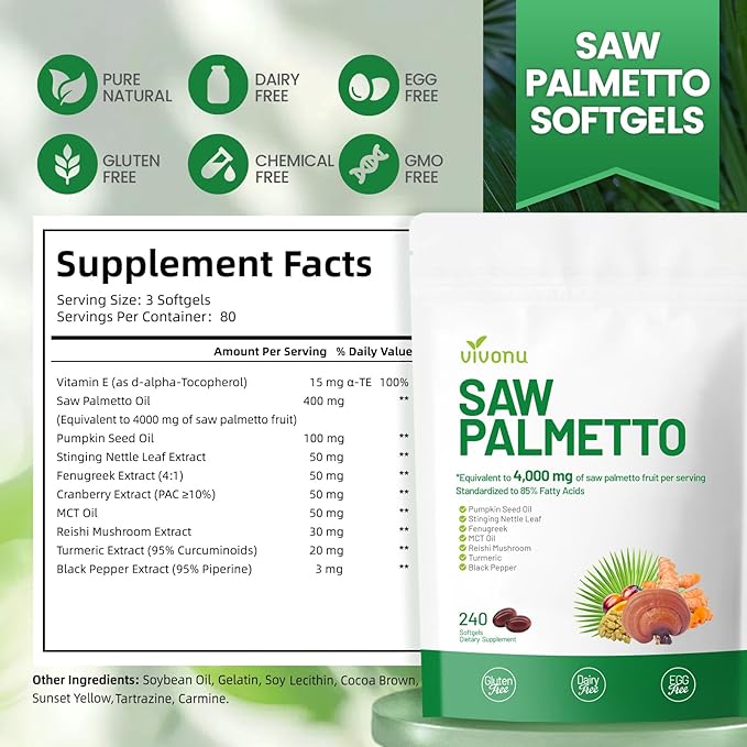 VivoNu Saw Palmetto Capsules Extract 8 in 1 Pumpkin Seed Oil - Supports Prostate Health Relieves Urination Issues Supports Hair Growth DHT Blocker 240 Softgels