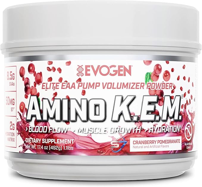 Evogen Amino K.E.M. - EAA &amp BCAA Powder Pump Volumizer | BCAAs Amino Acids Supplement for Blood Flow Muscle Growth &amp Hydration | Cranberry Pomegranate | 30 Servings