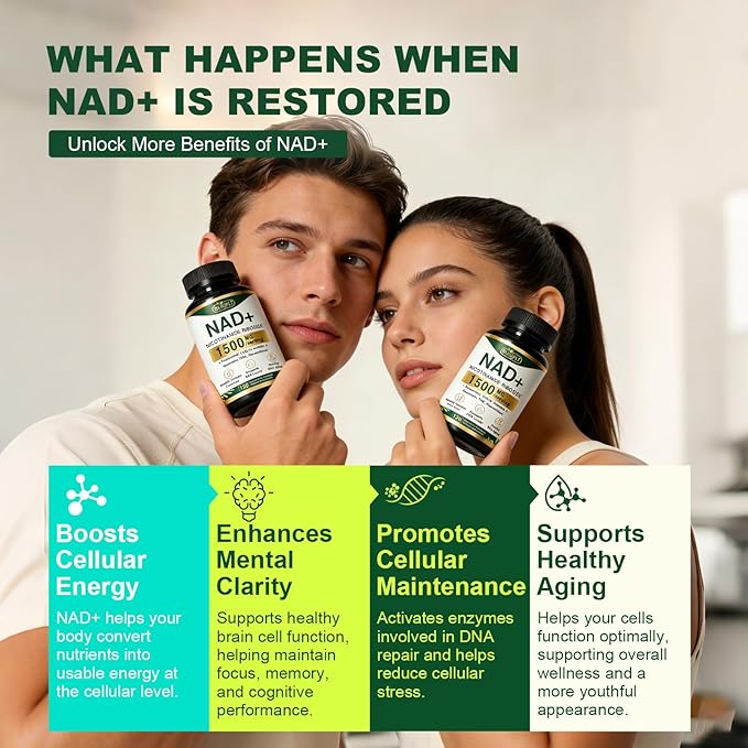 NAD+ Supplement 1500mg NR NMN Replacement with Resveratrol Urolithin A CoQ10 &amp Quercetin - NAD Plus for Cellular Energy Healthy Aging &amp Stamina for Women &amp Men - 120 Capsules -2pcs