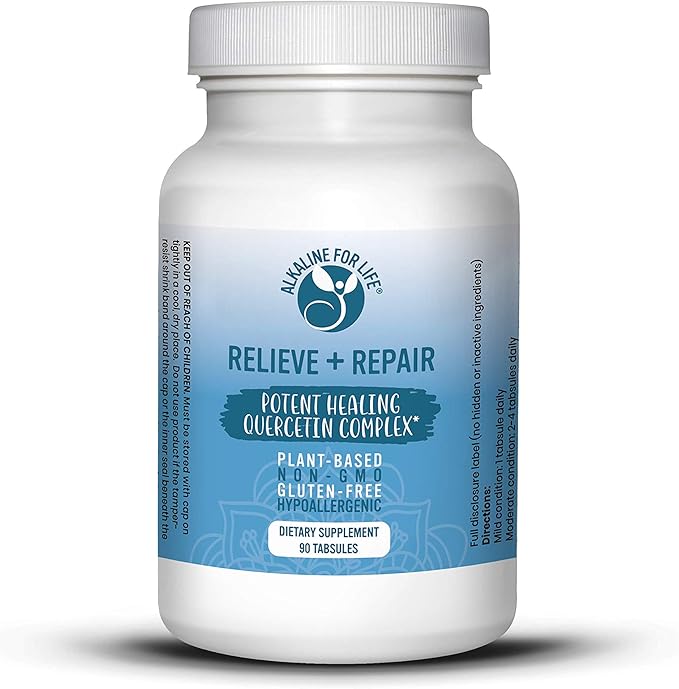 Alkaline for Life Relieve + Repair Quercetin 1000mg Tablets Pure Quercetin Dihydrate with Pomegranate Juice Powder + OPC Water Soluble Antioxidant Supplement Plant Based Non GMO 90 Tablets